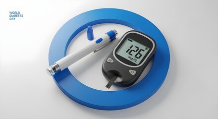 Blood Glucose Meter and Lancing Device with 126 mg/dL Reading in Blue Circle