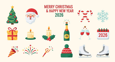 Cheerful Christmas and Happy New Year Festivities Icon Set for Seasonal Celebrations