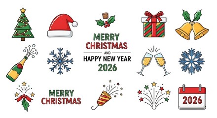 A vibrant assortment of winter holiday and new year celebration graphic elements