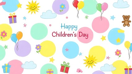 Happy Children's Day Greeting Card with Festive Decorations and Smiling Sun
