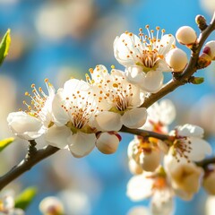 Blossoming plum blossoms on a blue background