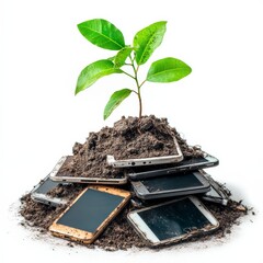 Abandoned mobile phones and growing plants