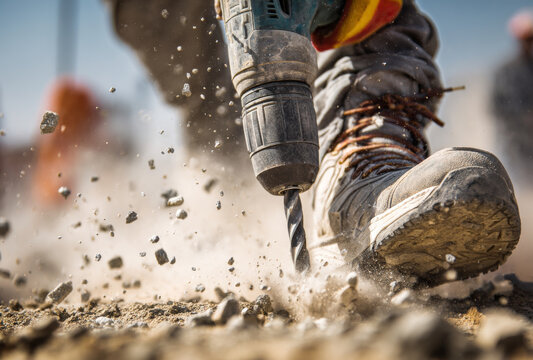 A construction worker using a power drill on a building site, focusing on the worker's boots and drill bit