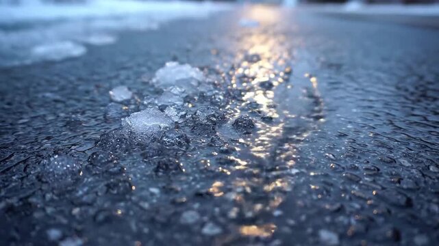 Frozen Ice Patches on Asphalt Road with Reflection of Lights in Winter Evening