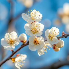 Blossoming plum blossoms on a blue background