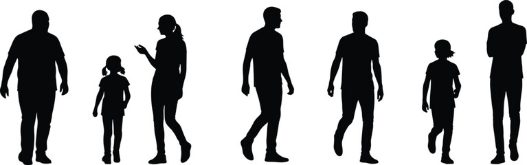 Black Silhouettes of Family Walking Together Holding Hands, Mother, Father, and Two Young Sons, Bonding, Love, and Childhood Vector Image.