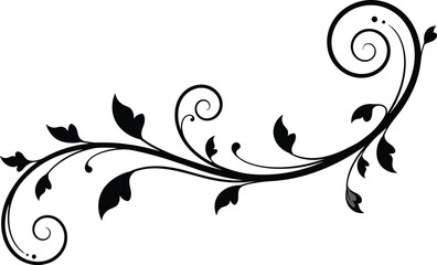 Elegant Floral Swirl and Vine Vector, Decorative Scroll with Leaves, Black and White Flourish Design for Wedding Invitation Border, Divider, and Vintage Graphics.