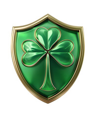 Green Shamrock Shield with Gold Trim on Black Background emblem isolated on a transparent background