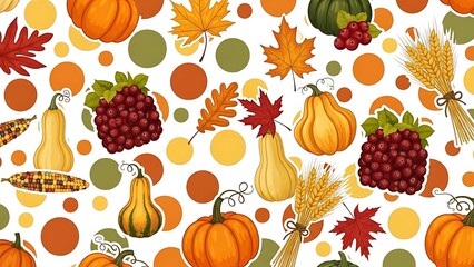 Autumn Harvest Pattern with Pumpkins, Grapes, and Maple Leaves on a Polka Dot Background