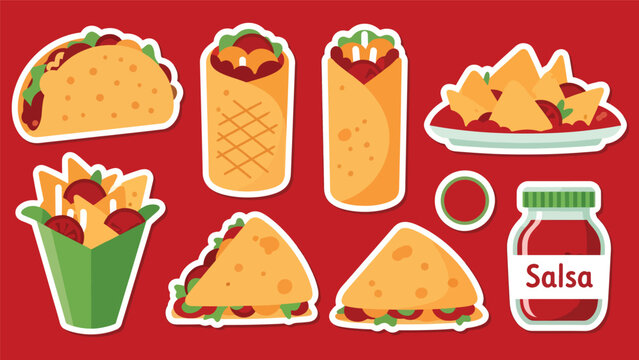 Kawaii Mexican food stickers highlighting tacos, burritos, nachos, and salsa jars in modern flat vector style, perfect for fun culinary visuals, ideal for Mexican food branding.