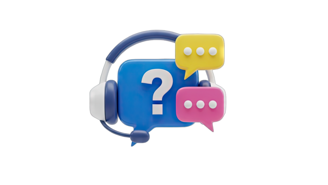 Customer Support Icon with Question Mark on Blue Speech Bubble and Headphones Yellow and Pink Bubbles Transparent Background 3D Render - Powered by Adobe