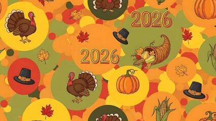 Vibrant autumn bounty pattern featuring festive Thanksgiving elements and the year 2026, ideal for seasonal greetings, backgrounds, and holiday celebrations