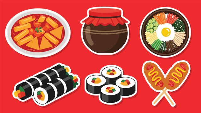 Kawaii Korean food sticker set with tteokbokki, kimchi, bibimbap, gimbap, and corn dogs, modern flat vector style, perfect for culinary visuals, ideal for Korean cuisine content