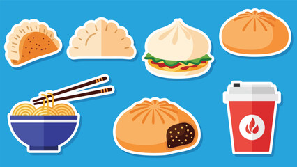 Kawaii Chinese food sticker collection featuring dumplings, bao buns, noodles, and tea cups in flat modern vector style, perfect for cute cuisine visuals, ideal for Chinese food themes
