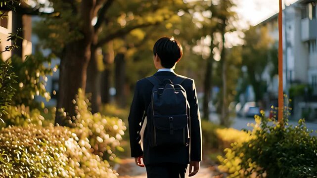 緑のトンネルを抜けていく男子学生、未来へと続く道
