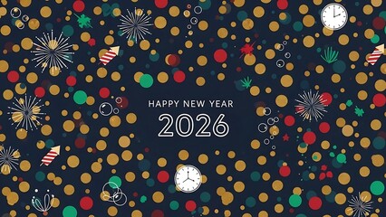 Vibrant 2026 New Year's Eve celebration background illustration with abstract fireworks, colorful confetti dots, and decorative clocks, ideal for holiday greetings and festive party invitations