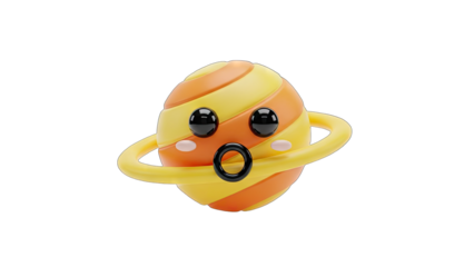 Cute Cartoon Planet With Surprised Expression And Yellow Ring On Transparent Background