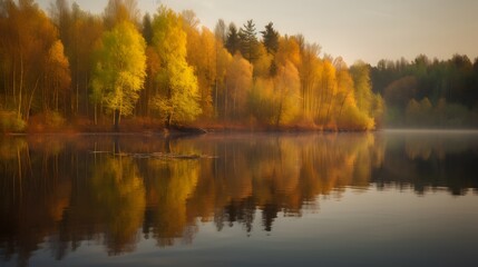Obraz premium Tranquil Lake with Mirrored Autumn Forest Under Soft Misty Morning Light autumn landscape with lake