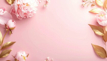 Romantic Blush Pink Matte Surface Background with Beautiful Rose Flowers and Gold Leaves Border for Valentine Day or Mother Day Greeting Card