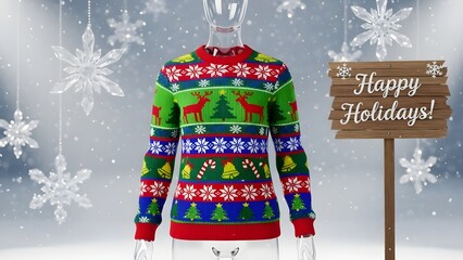 Ugly Christmas Sweater Mockup on Mannequin with Snowflakes and 'Happy Holidays!' Sign