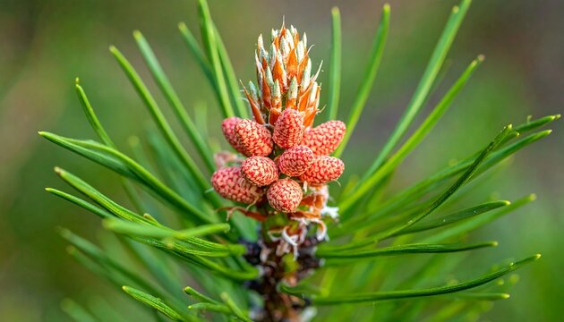 Close-up of pine tree's growing tip with young cones and needles, green background
