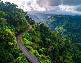 Fototapeta premium Winding Road through Lush Green Mountain: A scenic asphalt road gracefully weaves through the heart of verdant mountains, under a dramatic sky.