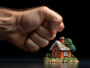 A human fist clenched above a small, detailed, pixelated miniature brick house with trees,