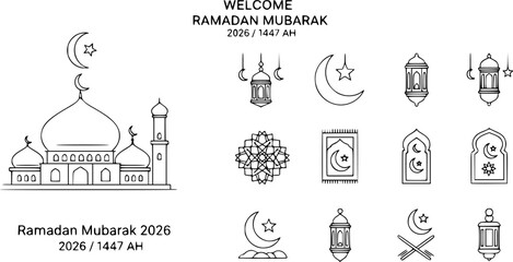 Ramadan Kareem 2026 Islamic Vector Illustration Elegant black and white Islamic vector featuring mosque silhouette, crescent moon, and geometric patterns celebrating Ramadan Kareem 1447 AH for banners
