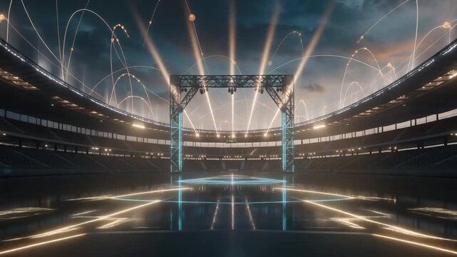 Futuristic illuminated sports stadium with digital gameplay setup.