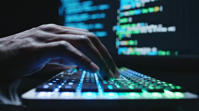 Close up hand typing code on backlit keyboard programming at night