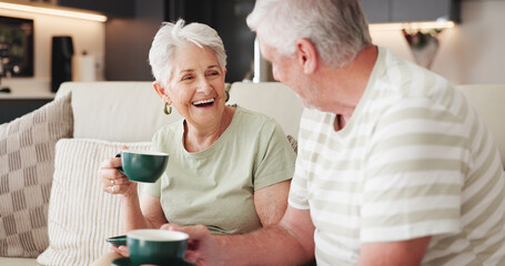 Coffee, funny and retirement with old couple on sofa in living room of home together for break. Conversation, bonding and laughing with senior people drinking beverage in apartment for wellness