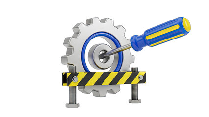 Close Up Of A Silver Gear Mechanism Being Repaired With A Blue And Yellow Screwdriver On A Transparent Background