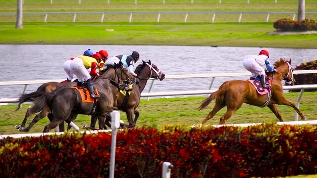 Thoroughbred horses racing on the turf course - Powered by Adobe