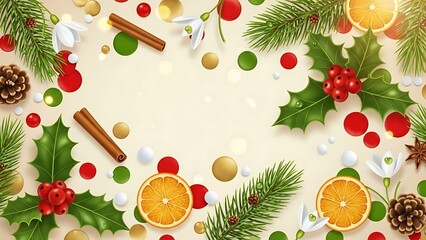 Festive Christmas holiday background with pine branches, holly berries, sliced oranges, and cinnamon sticks, creating a cozy winter atmosphere