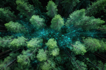 A lush green forest with glowing digital data connections over the trees