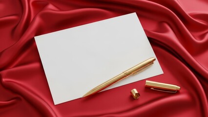 Gold Pen and Blank Paper on Red Silk Luxury Stationery