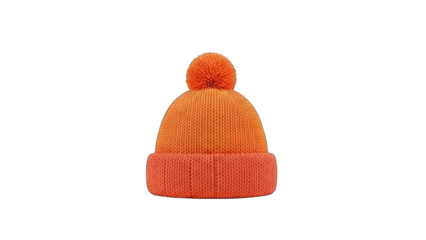Close up of an orange knitted beanie hat with a detailed cable knit texture and a fluffy pom pom on top isolated on a black background with transparent background effect