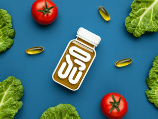 Healthy foods and supplements arranged on blue background, promoting gut health