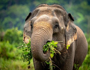 Close-up of Asian elephant enjoying a meal of fresh leaves. Lush greenery surrounds the animal