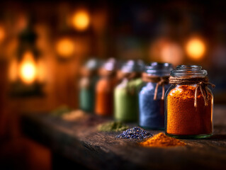 Artistic jars filled with colorful natural powders rustic kitchen counter create warm ambiance