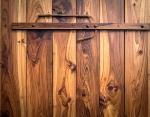 Close-up of a wooden door with a horizontal handle and decorative metal details