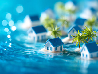 Flooded coastal areas with miniature houses and palm trees symbolize rising sea levels