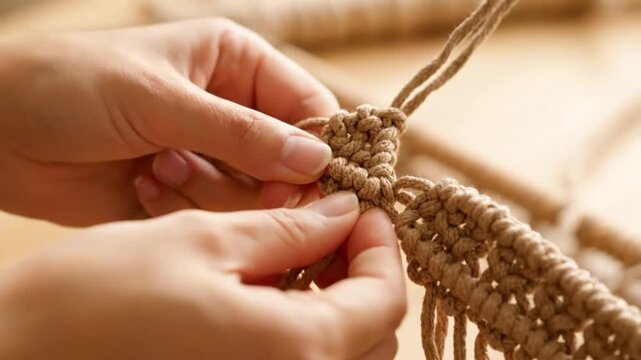 Woman's hands meticulously knotting macrame, creating beautiful handmade craft