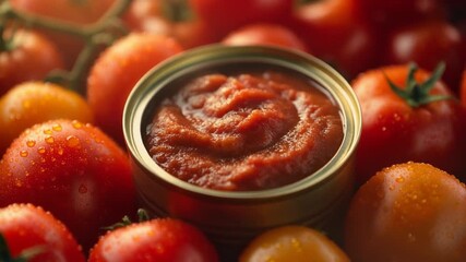 Fresh tomatoes surround a can of homemade raw tuna sauce in a vibrant display