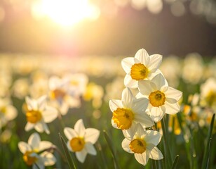Fototapeta premium Close-up of daffodils basking in sunlight, with a soft blurred background, capturing spring's glow