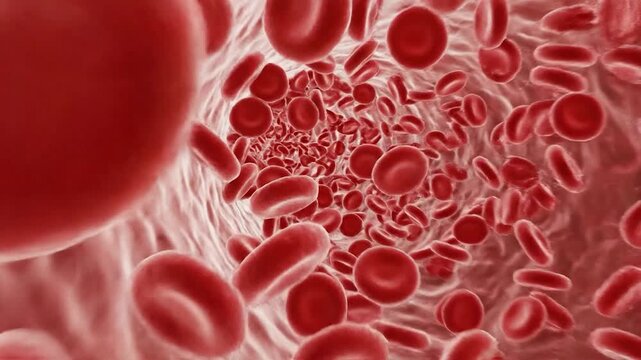 Red blood cells flowing through a human blood vessel medical