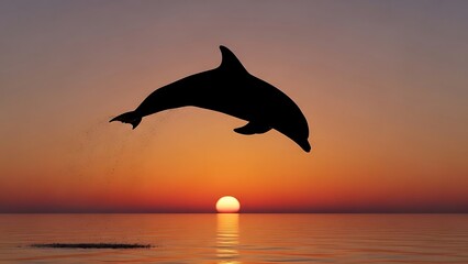Dolphin jumping at sunset over calm ocean water serene seascape