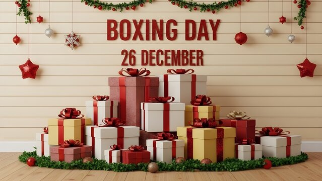 Boxing Day 26 December text with Christmas Gifts and Holiday Decorations - Powered by Adobe