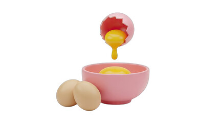 Close Up Pink Bowl With Two Whole Eggs And Cracked Egg Yolk Dripping Into Bowl With Transparent Background
