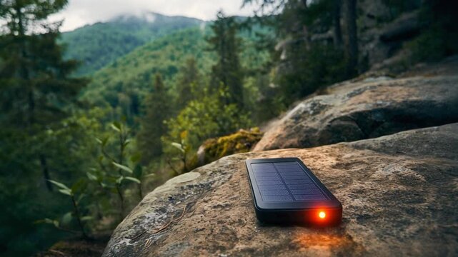 Portable Power Bank on Rocky Outcrop, Wilderness, Solar Charging, Outdoor, Top View, Adventure